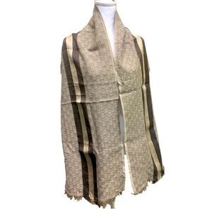 Authentic Gucci Brown Gray GG Web Monogram Scarf Wool Silk Wrap Shawl Preloved